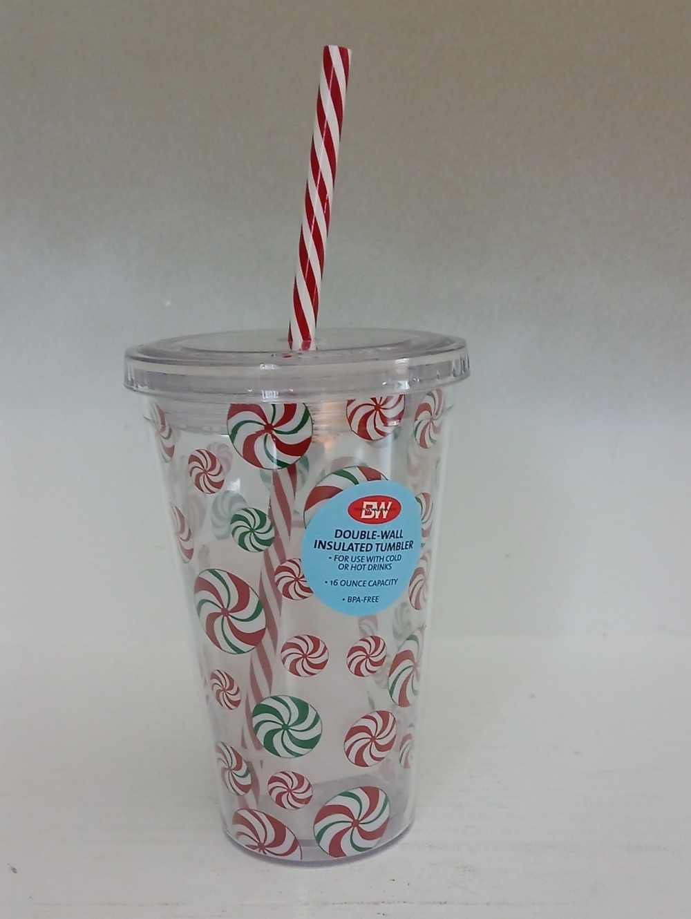 Double-Wall Insulated Peppermint Tumbler with Striped Straw